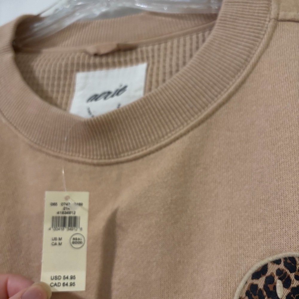 NWT Aerie Tan Sweatshirt w/ Leopard Print Smiley Face Patch - Picture 3 of 4